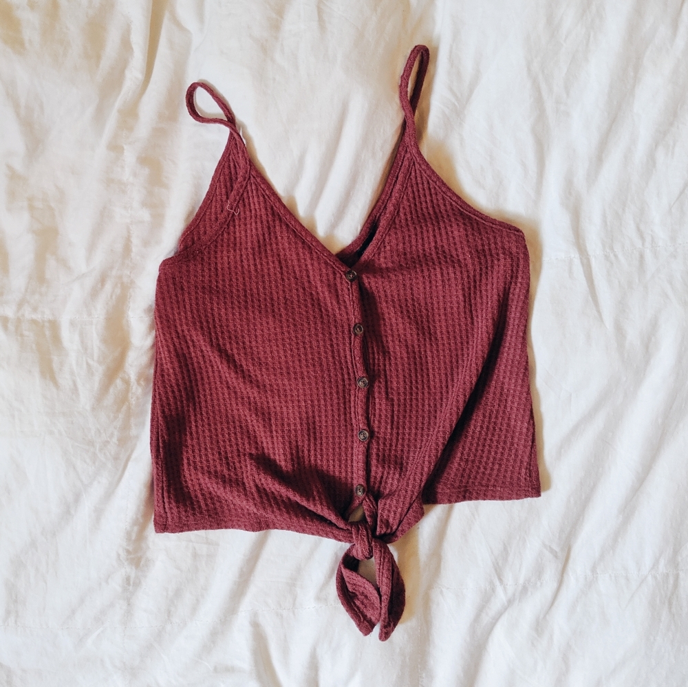 Waffle-Knit Button Down Knotted Tank